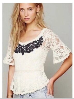 Free People Cream Lace Peplum Top with Black Applique